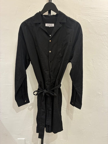 AMOR Black Long Sleeve Tie-Waist Shirt Dress sz M