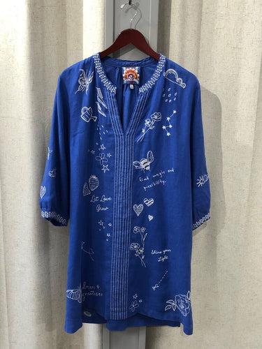 Johnny Was Embroidered Blue Doodle Tunic Dress sz XL