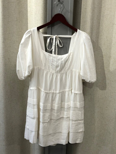 Anthropologie White Ruffled Puff Sleeve Babydoll Dress sz S