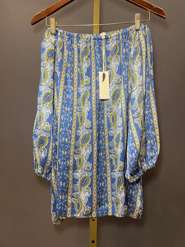 Gold Hawk Blue Paisley Off-The-Shoulder Silk Dress sz S