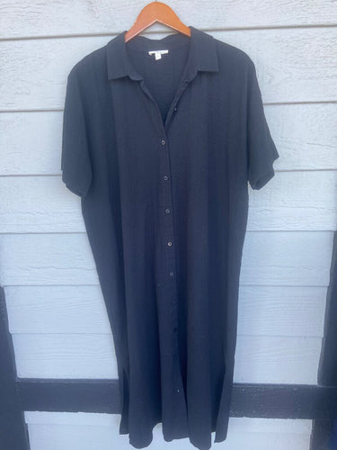 Eileen Fisher Black Crinkle Short Sleeve Button-Down Midi Dress sz L