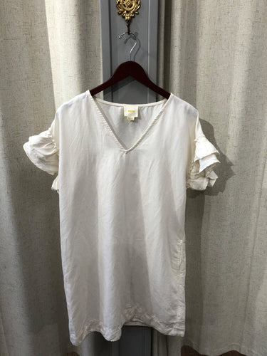 Maeve Off-White V-Neck Ruffle Sleeve Shift Dress sz MEDIUM