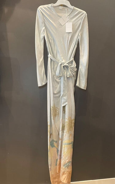 Zimmermann Silver Metallic Palm Tree Print Long Sleeve Maxi Dress sz 1