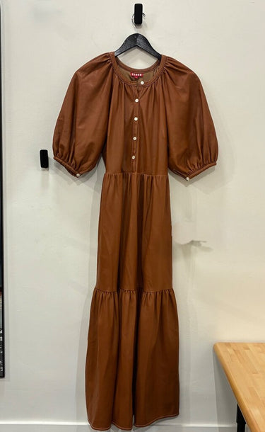 Staud Faux Leather Tiered Puff Sleeve Maxi Dress sz S