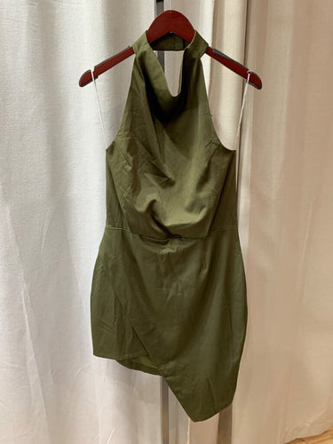 Elliatt Olive Green Halter Neck Asymmetric Mini Dress sz L