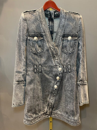 Balmain Grey Acid Wash Denim Asymmetric Dress sz 44