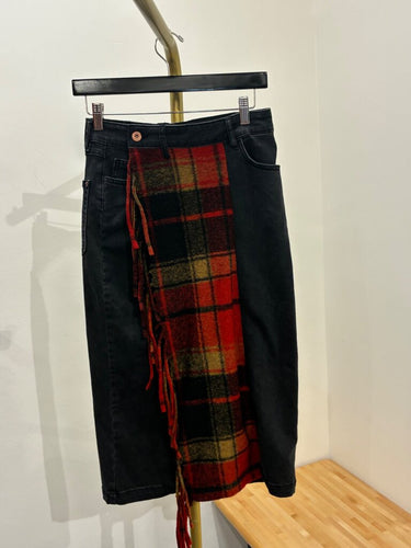 Desigual Black Denim Plaid Fringe Midi Skirt sz S