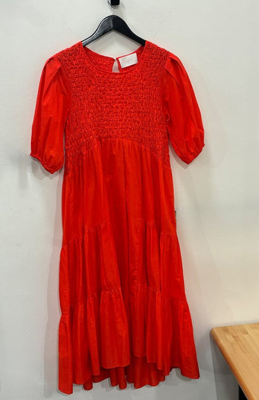 Merlette Smocked Tiered Midi Dress in Red sz SMALL
