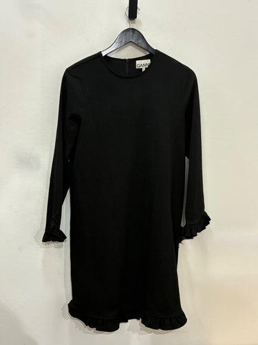 Ganni Black Crepe Ruffle Shift Dress Size 36