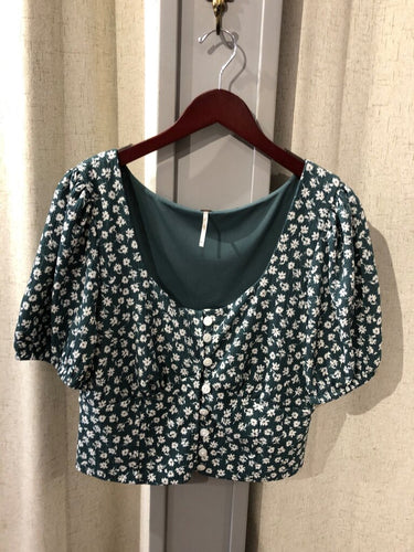 Free People Floral Puff Sleeve Button Front Top sz XL