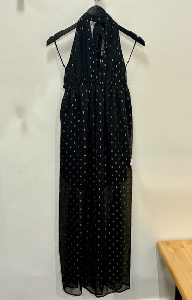 Anthropologie Black Gold Metallic Foil Halter Maxi Dress sz S