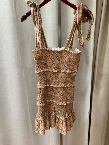VICI Smocked Floral Tiered Tie-Strap Mini Dress sz MEDIUM