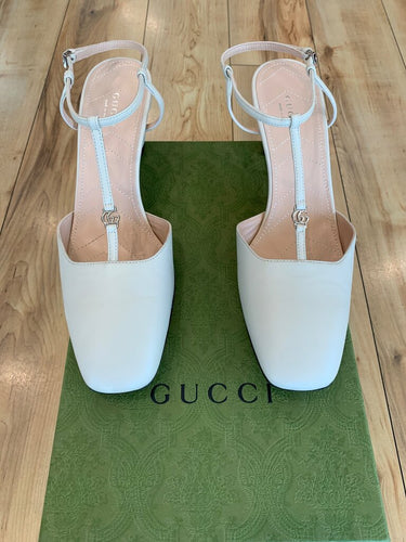 Gucci White Leather Double G T-Strap Slingback Pumps sz 39.5