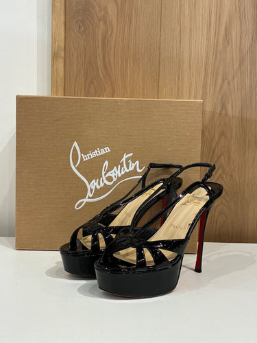 Christian Louboutin Black Patent Strappy Platform Slingback Sandals sz 37 1/2