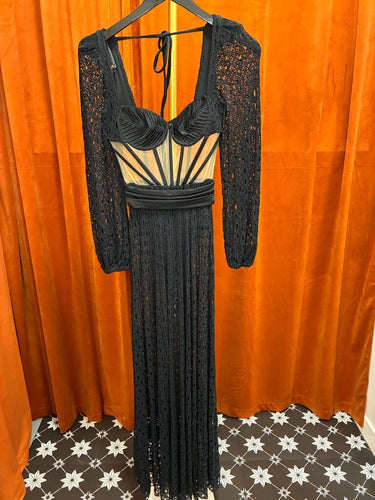 PatBO Black Crochet Mesh Corset Maxi Dress sz S