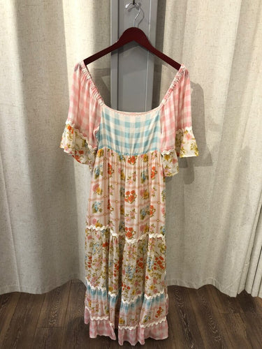 Spell Gingham and Floral Patchwork Tiered Maxi Dress sz S