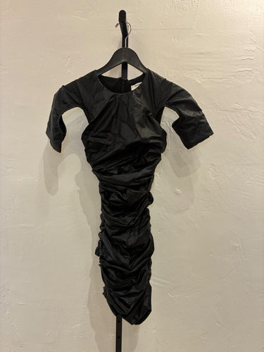 House of CB Reza Black Ruched Vegan Leather Midi Dress sz XS