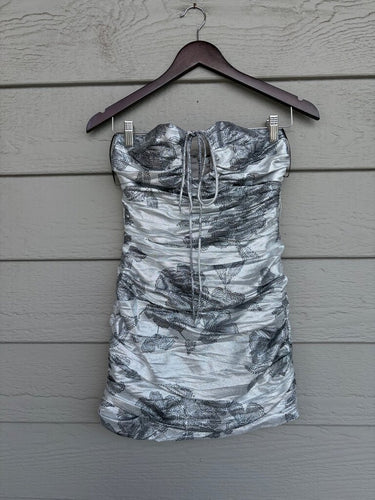 Zara Silver Ruched Floral Strapless Mini Dress sz XS
