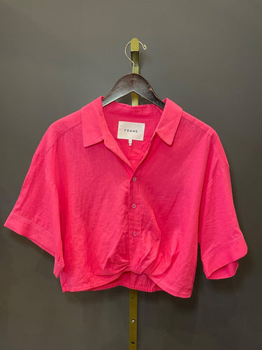 FRAME Pink Twist-Front Short Sleeve Shirt sz L/G