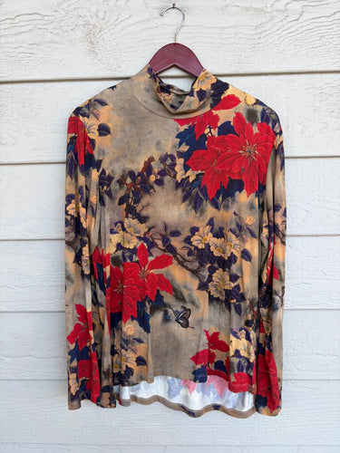 Johnny Was Floral & Butterfly Mock Neck Long Sleeve Top sz L