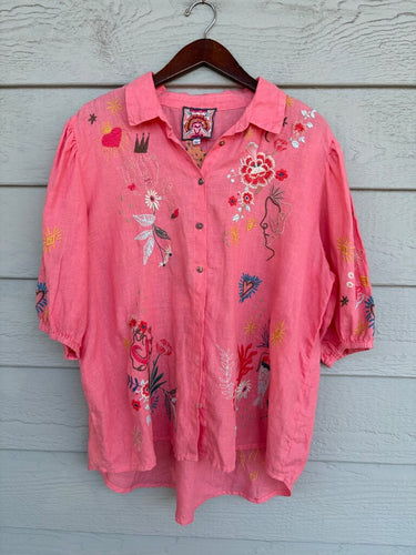 Johnny Was Pink Embroidered Linen Button-Down Shirt sz L