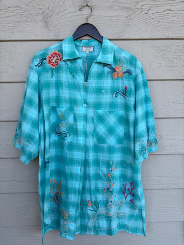 Johnny Was Teal Plaid Embroidered Coralie Weekend Tunic sz L
