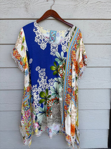 Johnny Was Mixed Print Lace-Trim Short Sleeve Tunic Top sz L