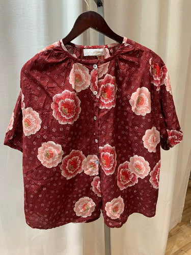 Natalie Martin Floral Short-Sleeve Button-Front Blouse sz L