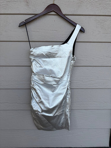 SPRWMN Silver Metallic Ruched One-Shoulder Mini Dress