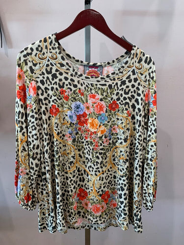 Johnny Was Leopard and Floral Print Long Sleeve Top sz L