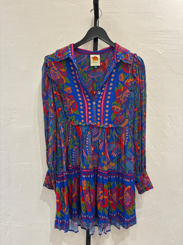 Farm Rio Blue Macaw Tropical Bird Tiered Mini Dress sz XS