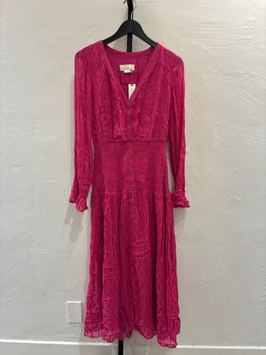 Anthropologie Magenta Metallic Smocked Midi Dress sz XS
