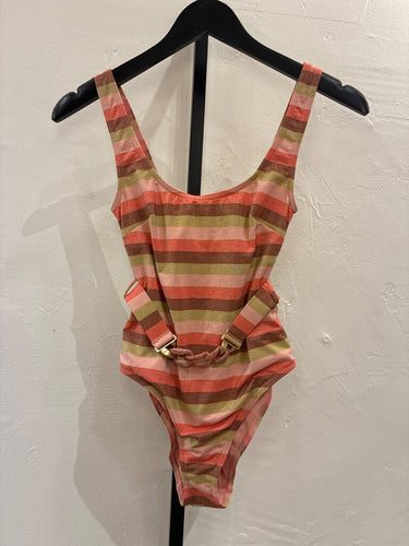 Zimmermann Metallic Striped Belted One-Piece Swimsuit sz 0