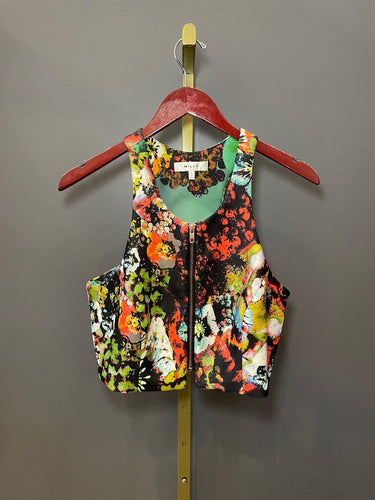 Milly Floral Print Zip-Front Crop Top sz L