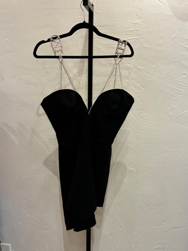 Philipp Plein Black Cady Heart Mini Dress with Rhinestone Straps sz L