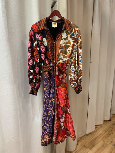 Farm Rio Mixed Scarf Print Long Sleeve Midi Shirt Dress sz M