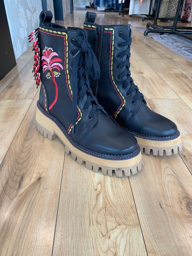Farm Rio Palm Tree Embroidered Beaded Combat Boots sz 9½