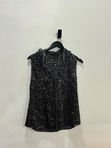 Elie Tahari Silk Sleeveless Ruffle Neck Leopard Print Blouse sz M