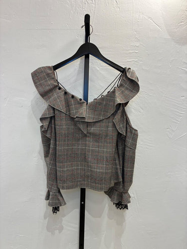 Self-Portrait Plaid Cold-Shoulder Ruffle Top sz US 2