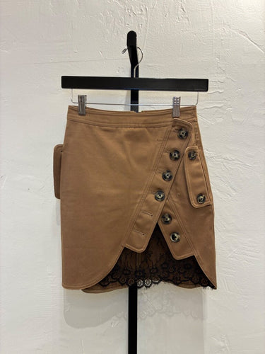 Self-Portrait Tan Cotton Twill Lace-Trim Asymmetrical Mini Skirt sz US 0