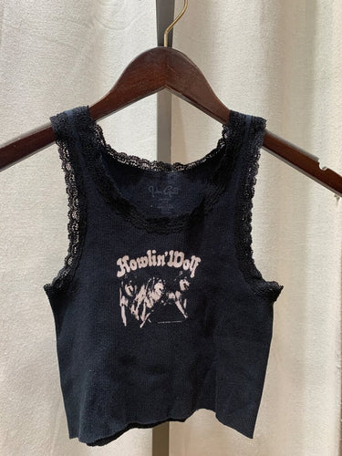 John Galt Black Lace-Trim 'Howlin' Wolf' Ribbed Graphic Tank Top sz ONE SIZE