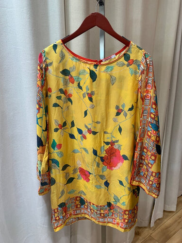 Johnny Was Yellow Floral Silk Long Sleeve Dress sz S