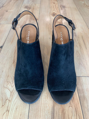 Coach Black Suede Studded Heel Slingback Sandals sz 7.5