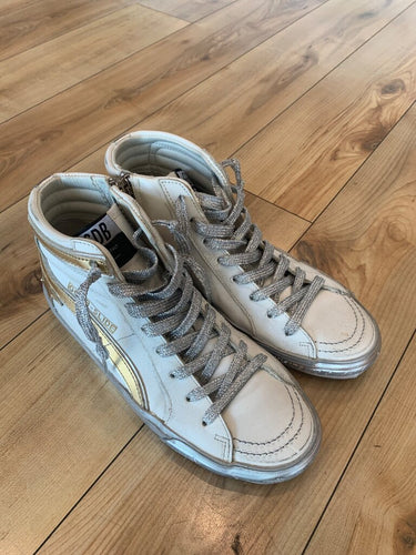 Golden Goose White & Gold Slide High-Top Sneakers sz 37