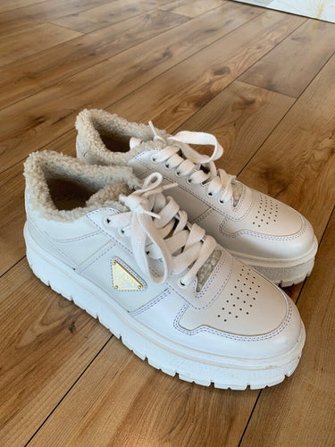 Prada White Leather Shearling-Lined Platform Sneakers