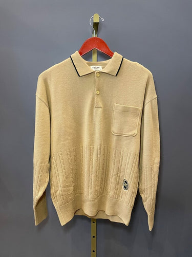 Celine Triomphe Patch Cable Knit Polo Sweater sz L