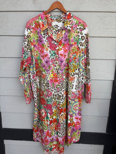 Johnny Was Multicolor Floral Leopard Print Long-Sleeve Blouse sz L