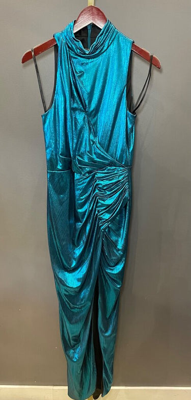Mac Duggal Ieena Metallic Draped Sleeveless Gown sz 2