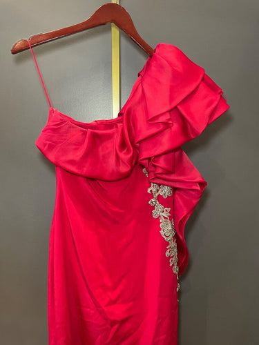 Marchesa One-Shoulder Ruffle Crystal Embellished Evening Gown