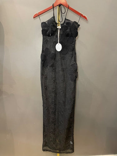 MORE TO COME Black Floral Crochet Halter Maxi Dress sz XS